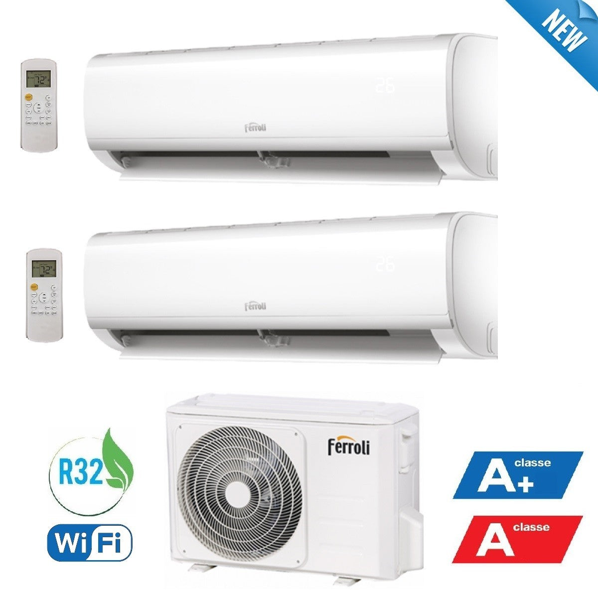 Condizionatore Climatizzatore Ferroli Dual Split Inverter Diamant M R32 Wi-Fi 9000+9000 Con 2CO9AA0F 18-2