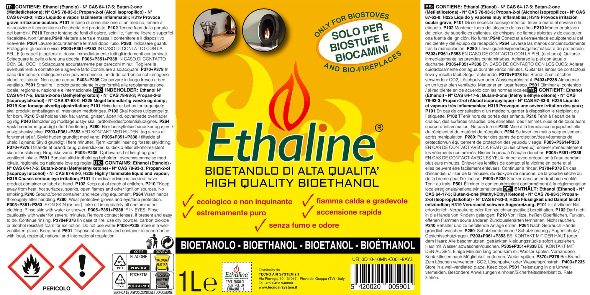 TECNOAIR SYSTEM Bioetanolo Ethaline Liquido Da 1 Lt - 12 Flaconi a Confezione