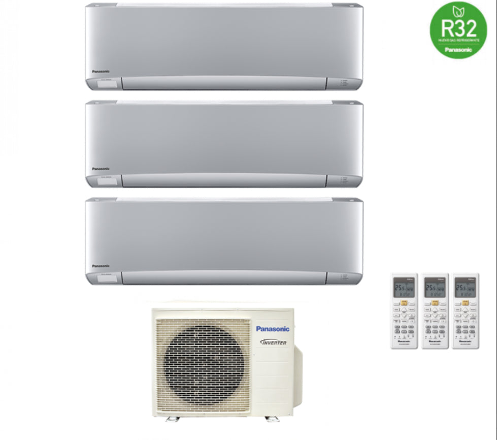 Condizionatore Panasonic trial split inverter Etherea Silver R-32 Wi-Fi con Econavi 9000+12000+12000 Con CU-3Z68TBE