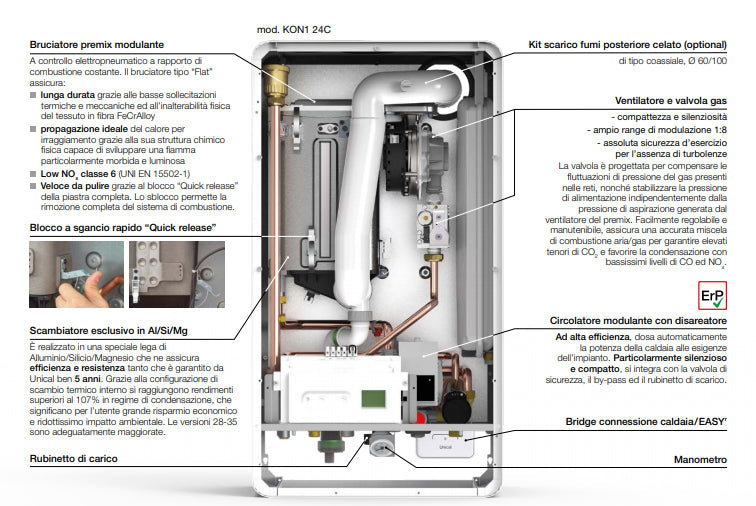 Caldaia a Condensazione Unical Kon1 24C Kw Metano Completa di Kit Scarico Fumi