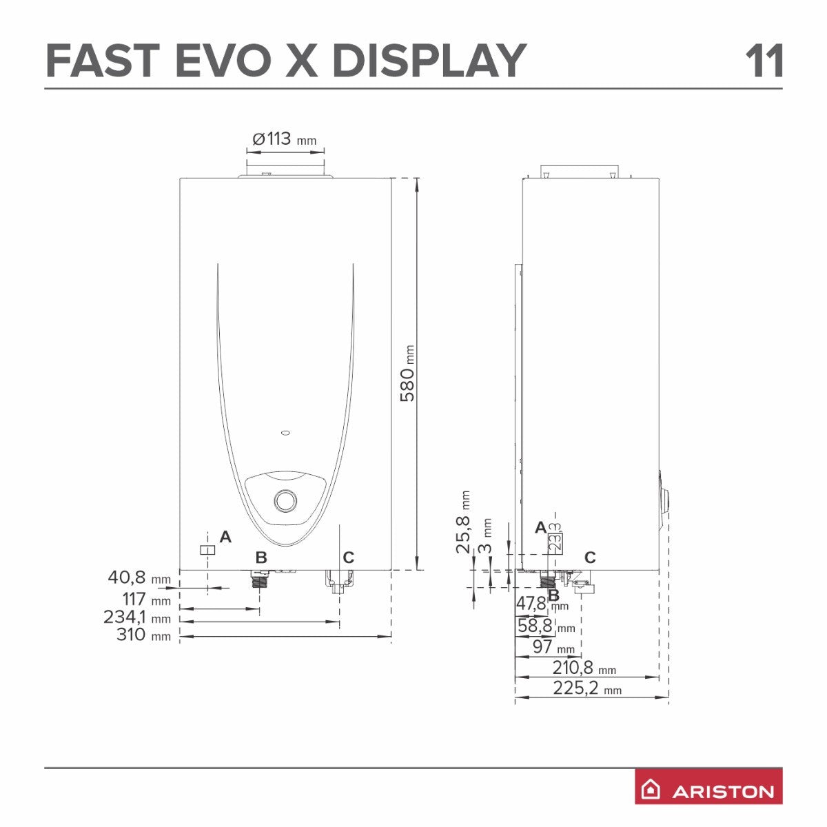 Scaldabagno A Gas Ariston Fast Evo X Display 11 EU GPL 11 LT Camera Aperta Cod. 3632392 - Low NOx