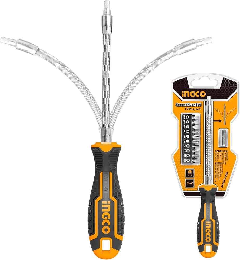 INGCO Set Cacciavite Flessibile Con Inserti e Adattatore da 12 pezzi