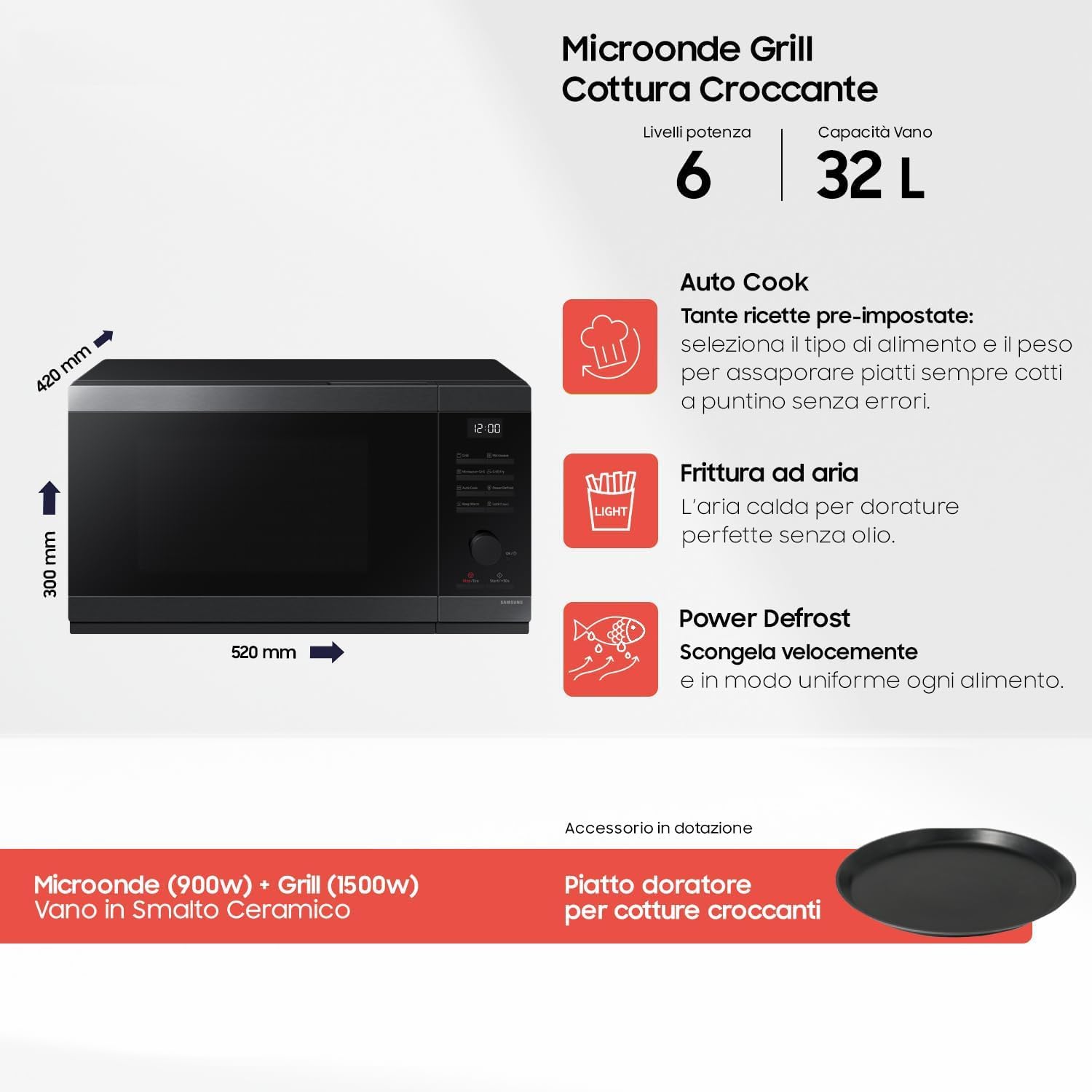 Microonde Grill Libera Installazione Samsung MG32DG4524CG Nero, Acciaio inox 900 W(32Lt)