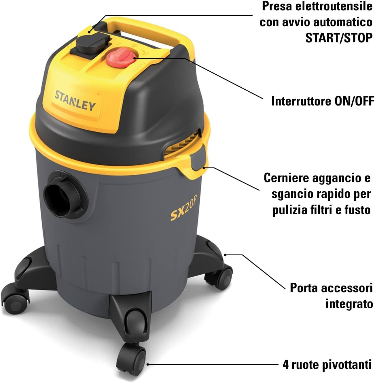 STANLEY Aspiratore Solidi e Liquidi Modello SXVC20PTE 1,2 kW Da 20L