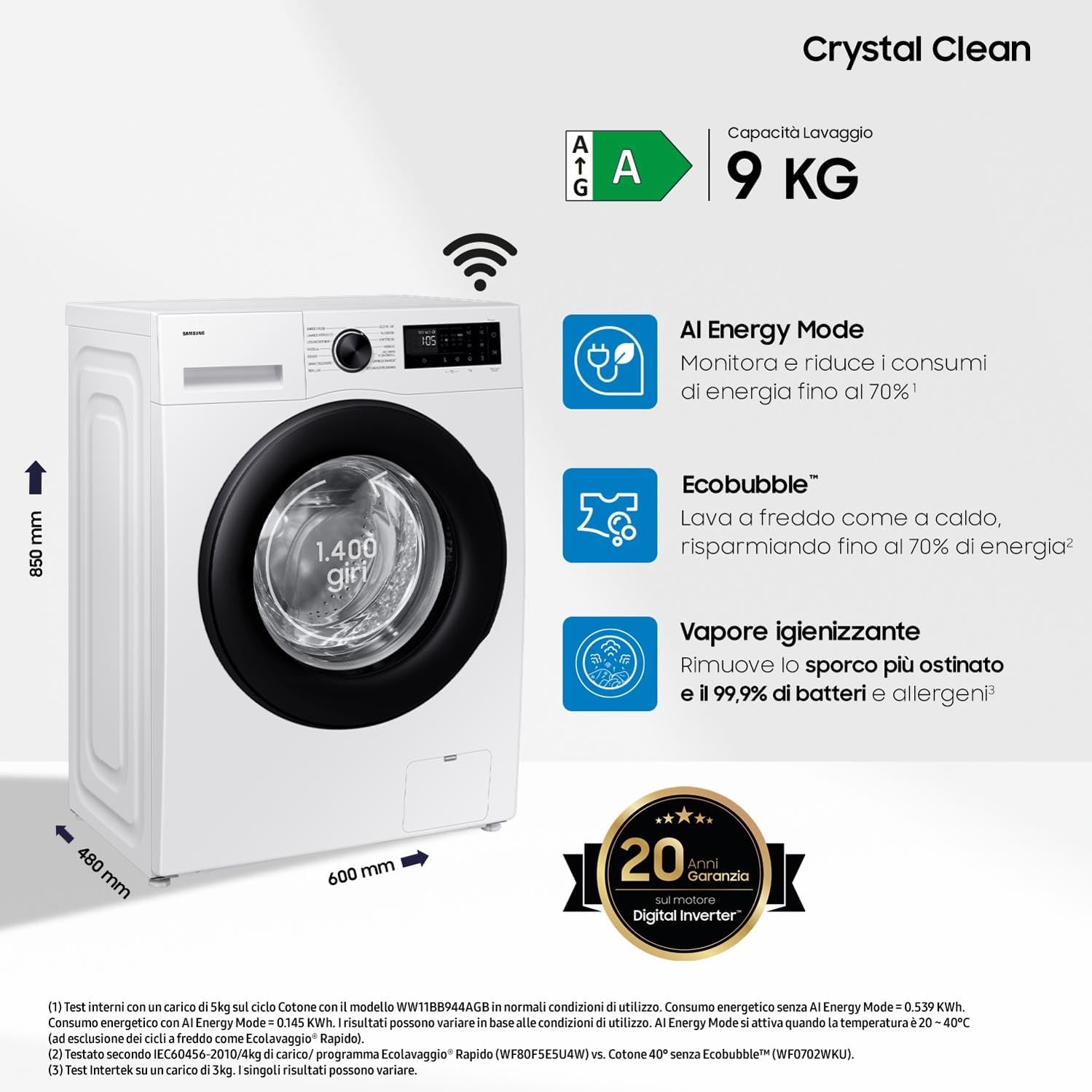 Lavatrice Libera Installazione Carico Frontale Samsung Crystal Clean Slim WW90DG5G34AEET 9 Kg 1400 Giri/Min Classe A