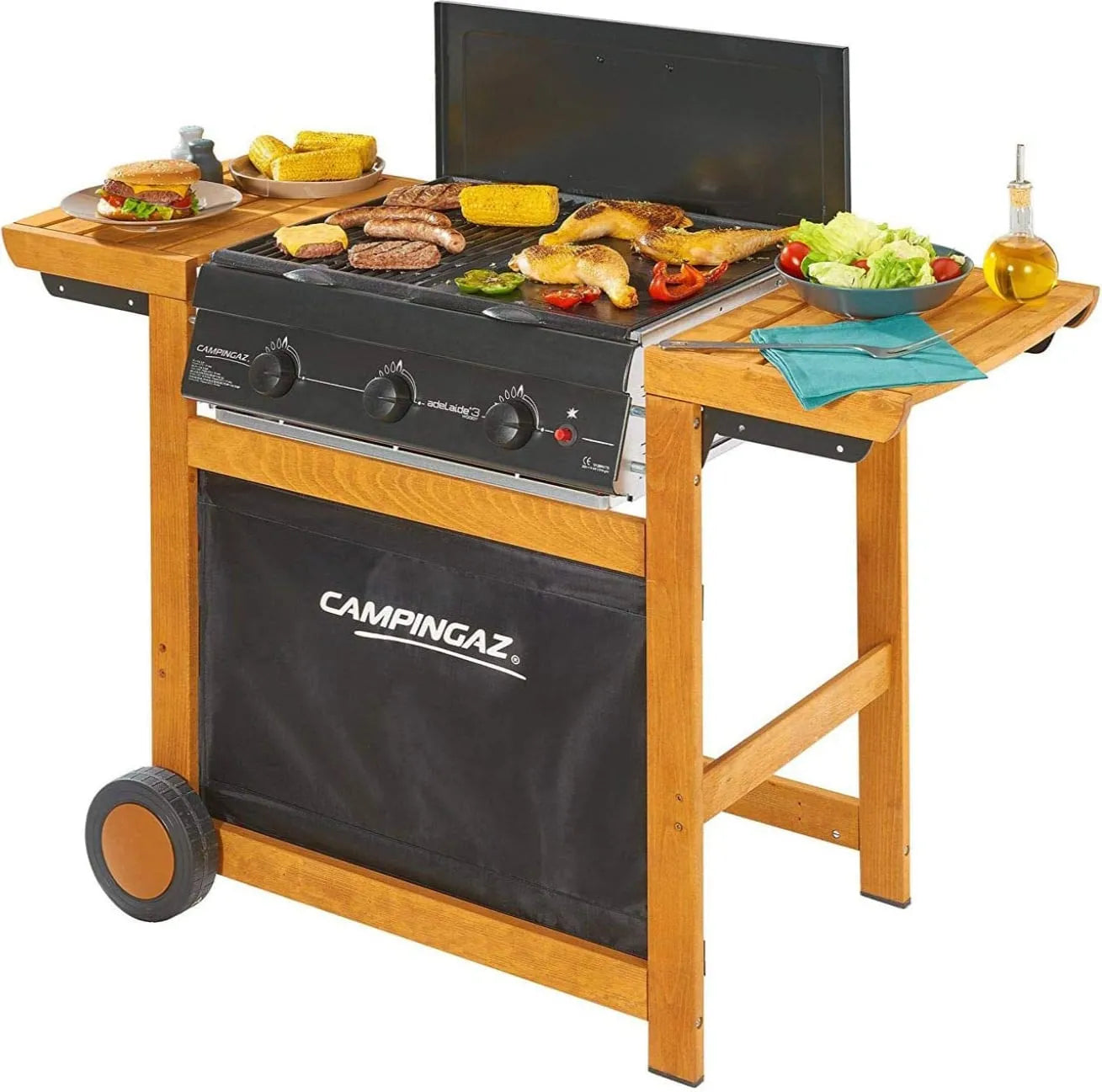 Campingaz Barbecue Adelaide 3 Woody Dual Gas da Giardino BBQ da Esterno 14 kW con Ruote Bruciatori in Ghisa - 3000005744