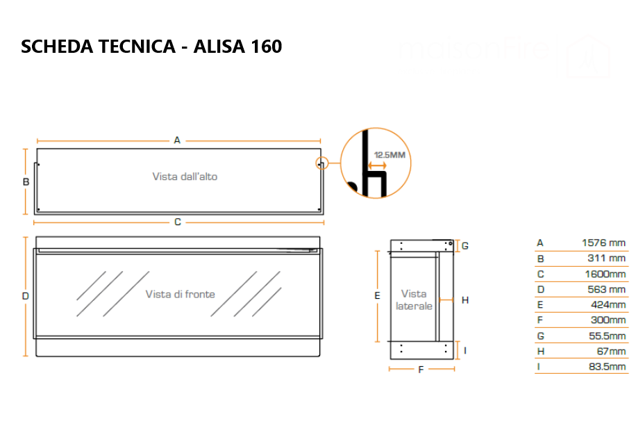Camino Elettrico da Incasso MaisonFire Modello ALISA 160 - Dimplex - distribuito da MaisonFire con Garanzia Italia