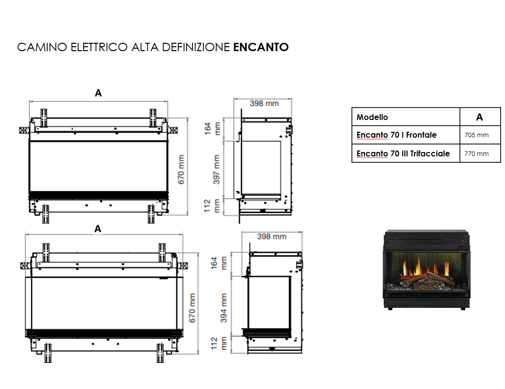 Camino Elettrico ad Alta Definizione MaisonFire Modello ENCANTO 70 - Dimplex - distribuito da MaisonFire con Garanzia Italia