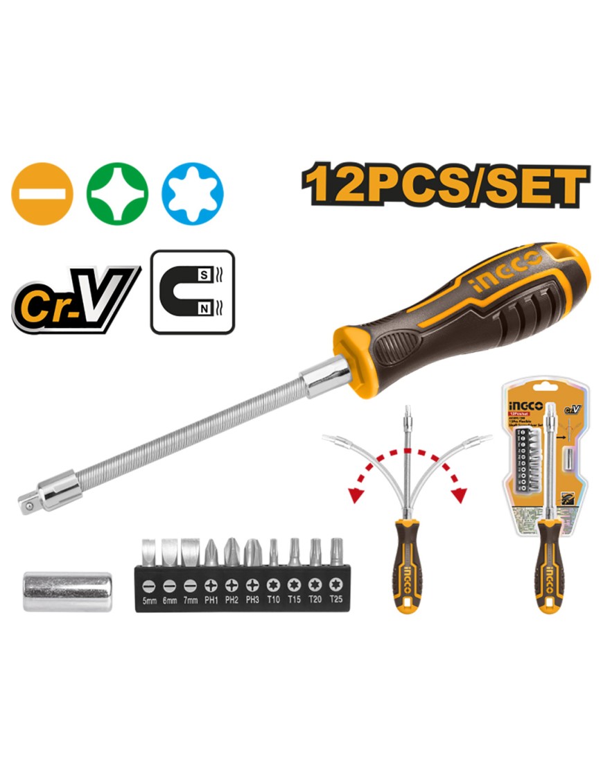 INGCO Set Cacciavite Flessibile Con Inserti e Adattatore da 12 pezzi
