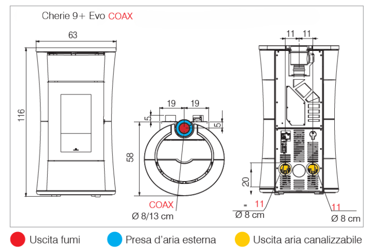 Stufa a Pellet Canalizzabile EdilKamin Modello Cherie 9+ Evo COAX Da 9 Kw - Vari Colori