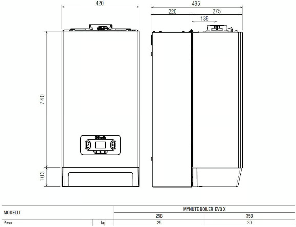Caldaia a Condensazione Beretta Mynute Boiler Evo X 25 B 25 kW Con Accumulo 30 lt Senza Dosatore - Cod. 20225090 - Con Kit Fumi
