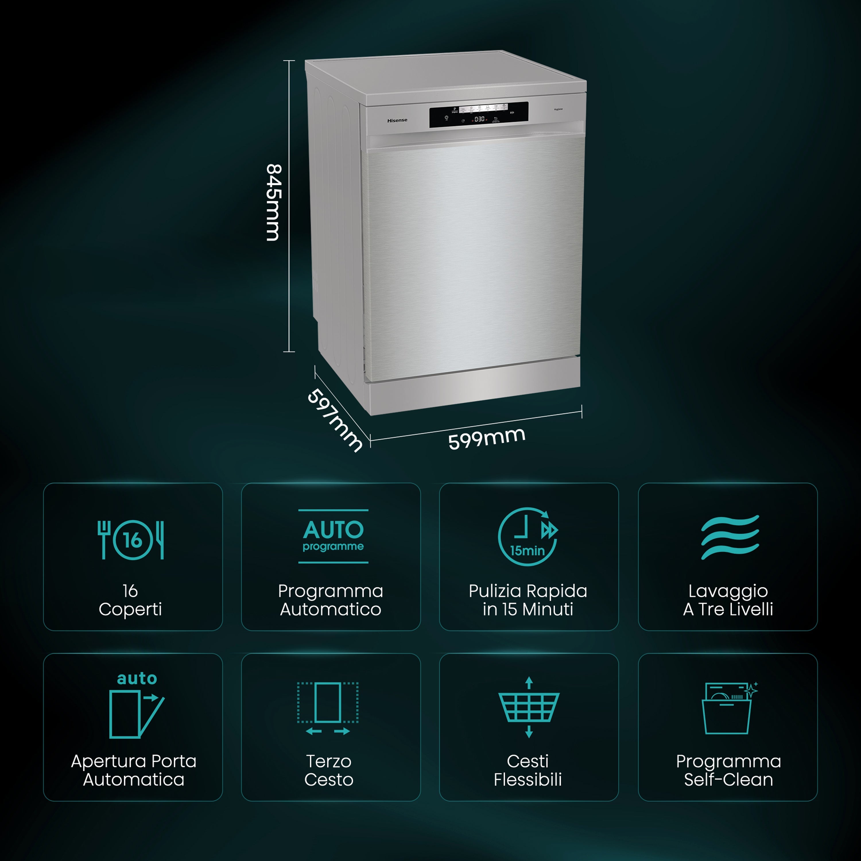 Lavastoviglie Libera Installazione Hisense HS643D90X 16 Coperti Classe D