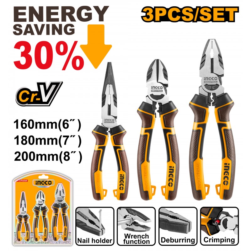 INGCO Assortimento di 3 Pinze Professionali a Leva Alta