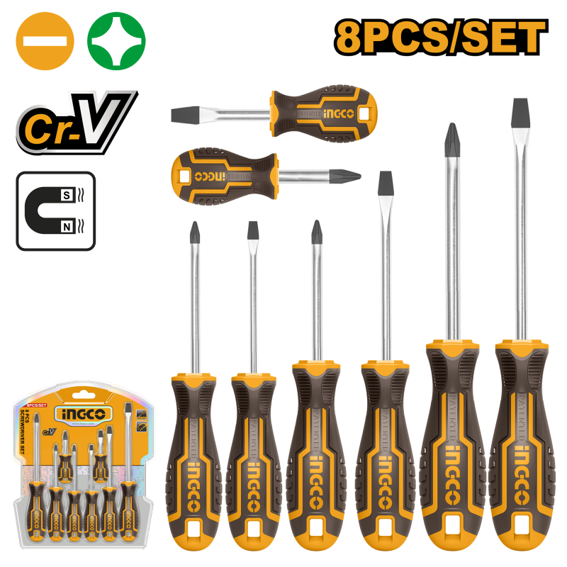 INGCO Assortimento di 8 Giraviti Con Impronta ad Intaglio e Croce