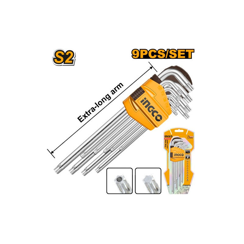 INGCO Assortimento di 9 Chiavi Esagonali Torx Con Foro Extra Lunghe