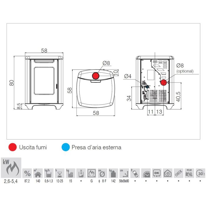 Stufa a Pellet EdilKamin Modello Sense 6 Da 5,4 Kw Colore Acciaio Nero